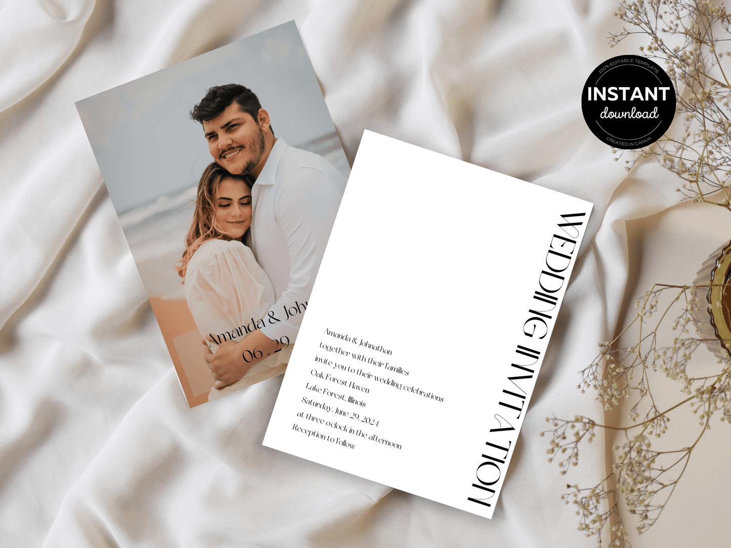 Modern Minimalist Photo Wedding Invitation & Insert Cards Template Bundle, Printable Templates