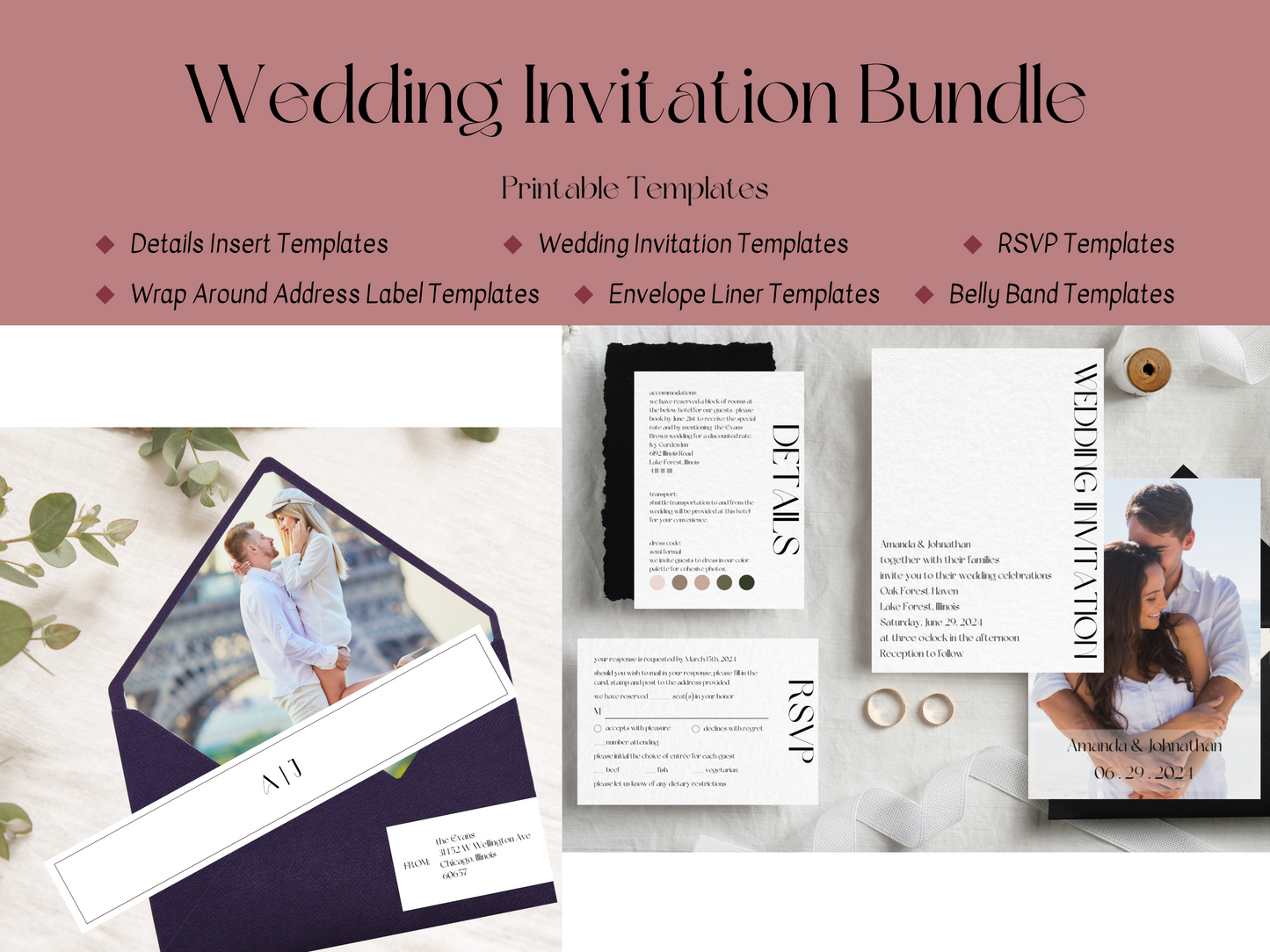 Modern Minimalist Photo Wedding Invitation Suite with Envelope Decoration Template Bundle, Printable Templates