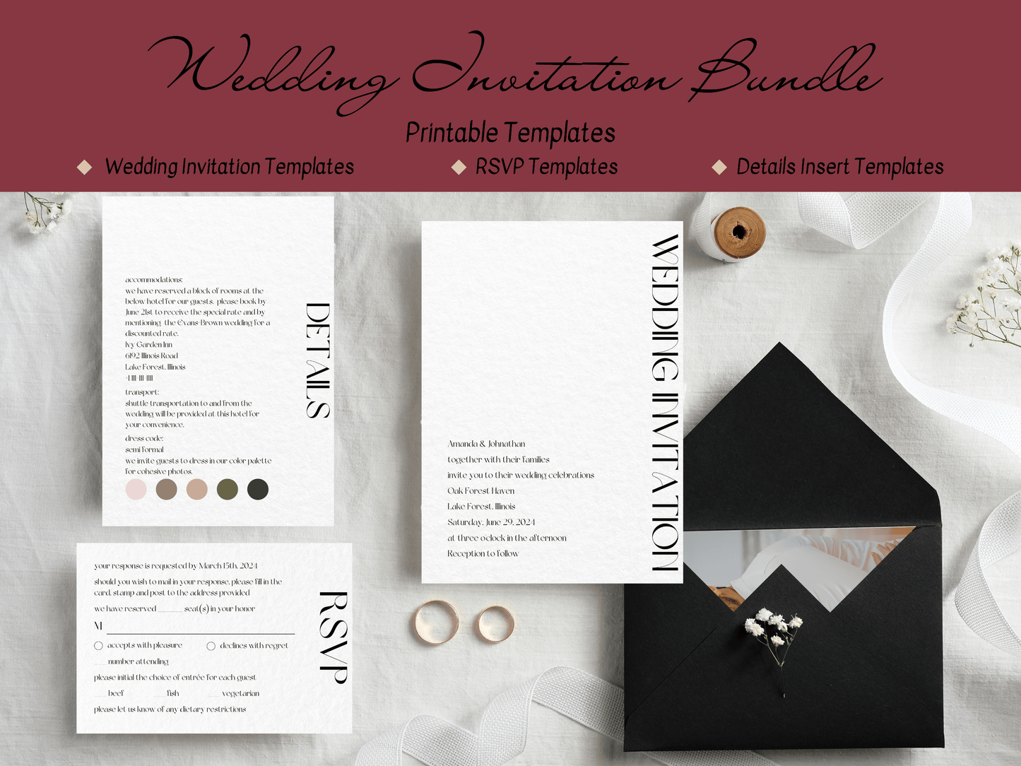 Modern Minimalist Photo Wedding Invitation & Insert Cards Template Bundle, Printable Templates