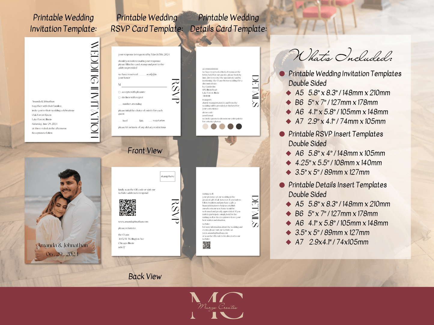 Modern Minimalist Photo Wedding Invitation & Insert Cards Template Bundle, Printable Templates