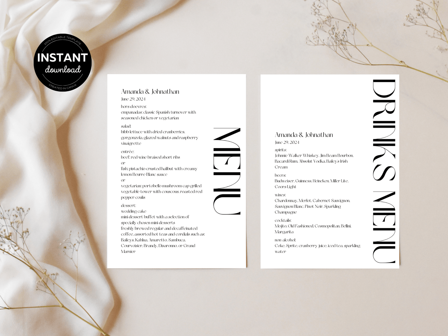 Modern Minimalist Wedding Menu & Drinks Menu Template, Printable Template