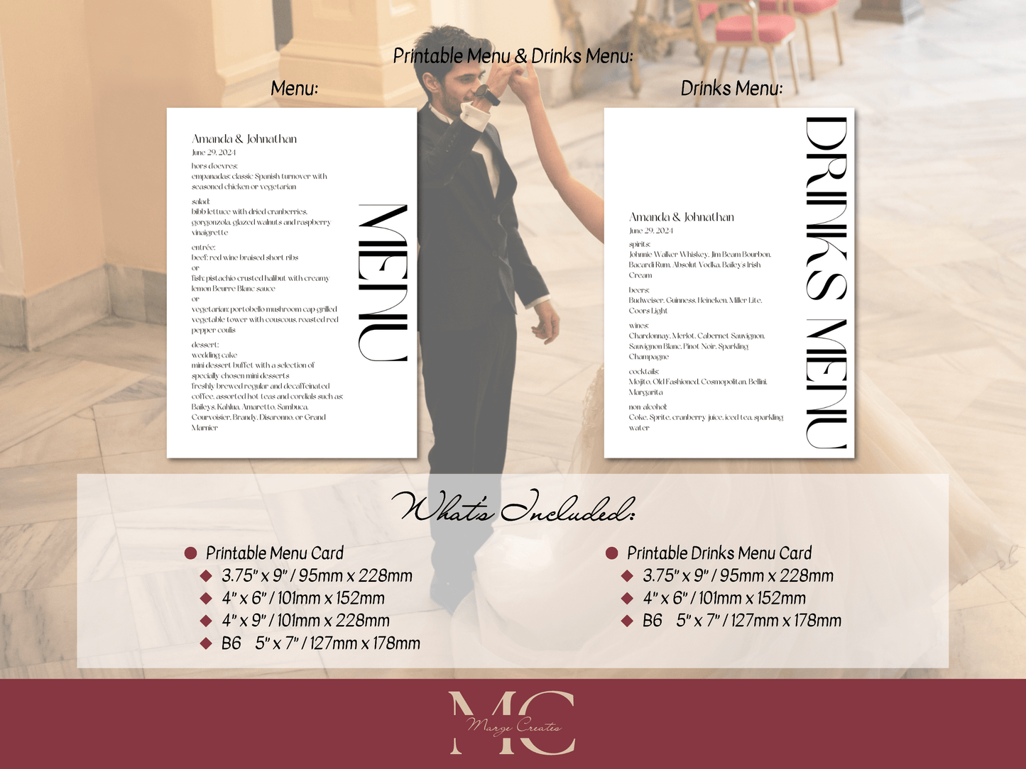 Modern Minimalist Wedding Menu & Drinks Menu Template, Printable Template