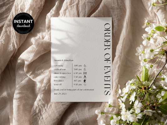 Modern Minimalist Wedding Order of Event Template, Printable Template