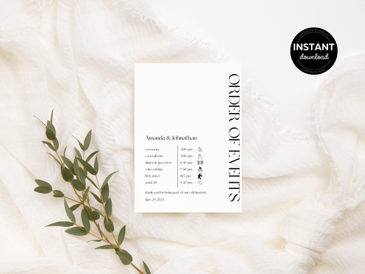 Modern Minimalist Wedding Order of Event Template, Printable Template