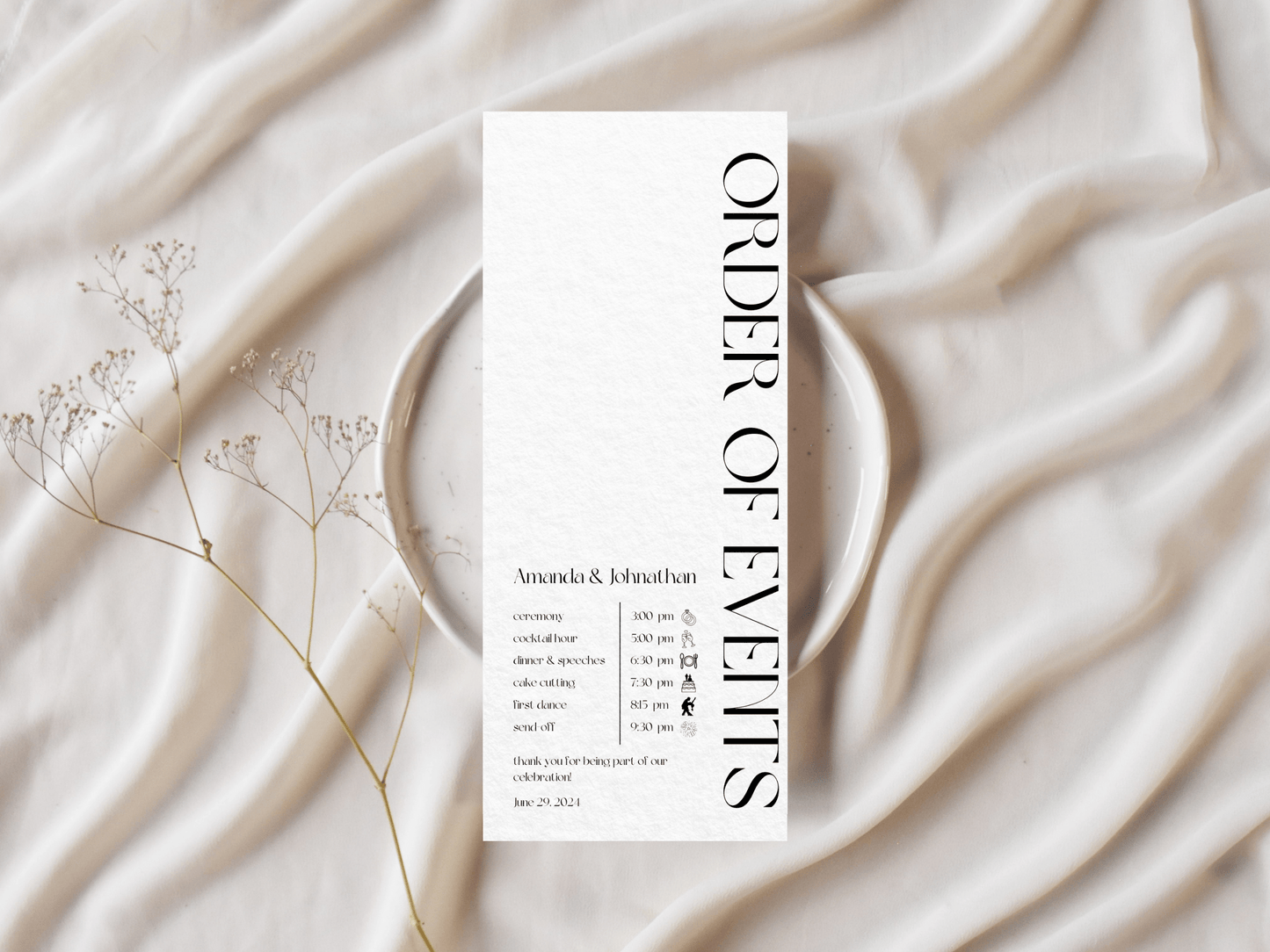 Modern Minimalist Wedding Order of Event Template, Printable Template