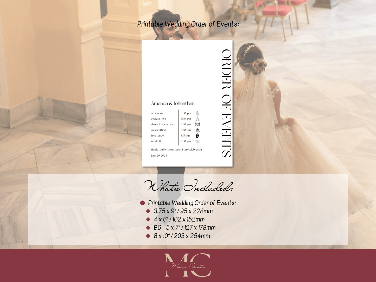 Modern Minimalist Wedding Order of Event Template, Printable Template