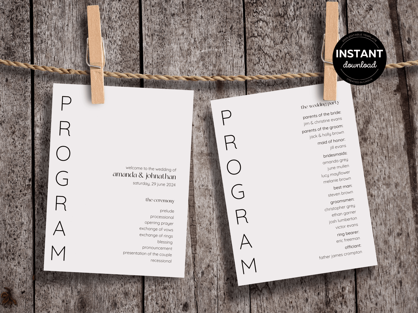 Modern Minimalist Wedding Program Template, Printable Templates