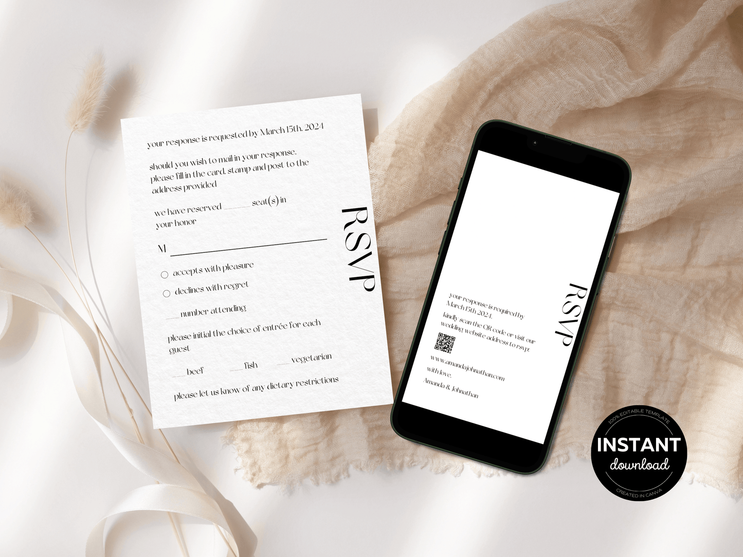 Modern Minimalist Wedding RSVP Insert Templates, Printable & Digital Templates