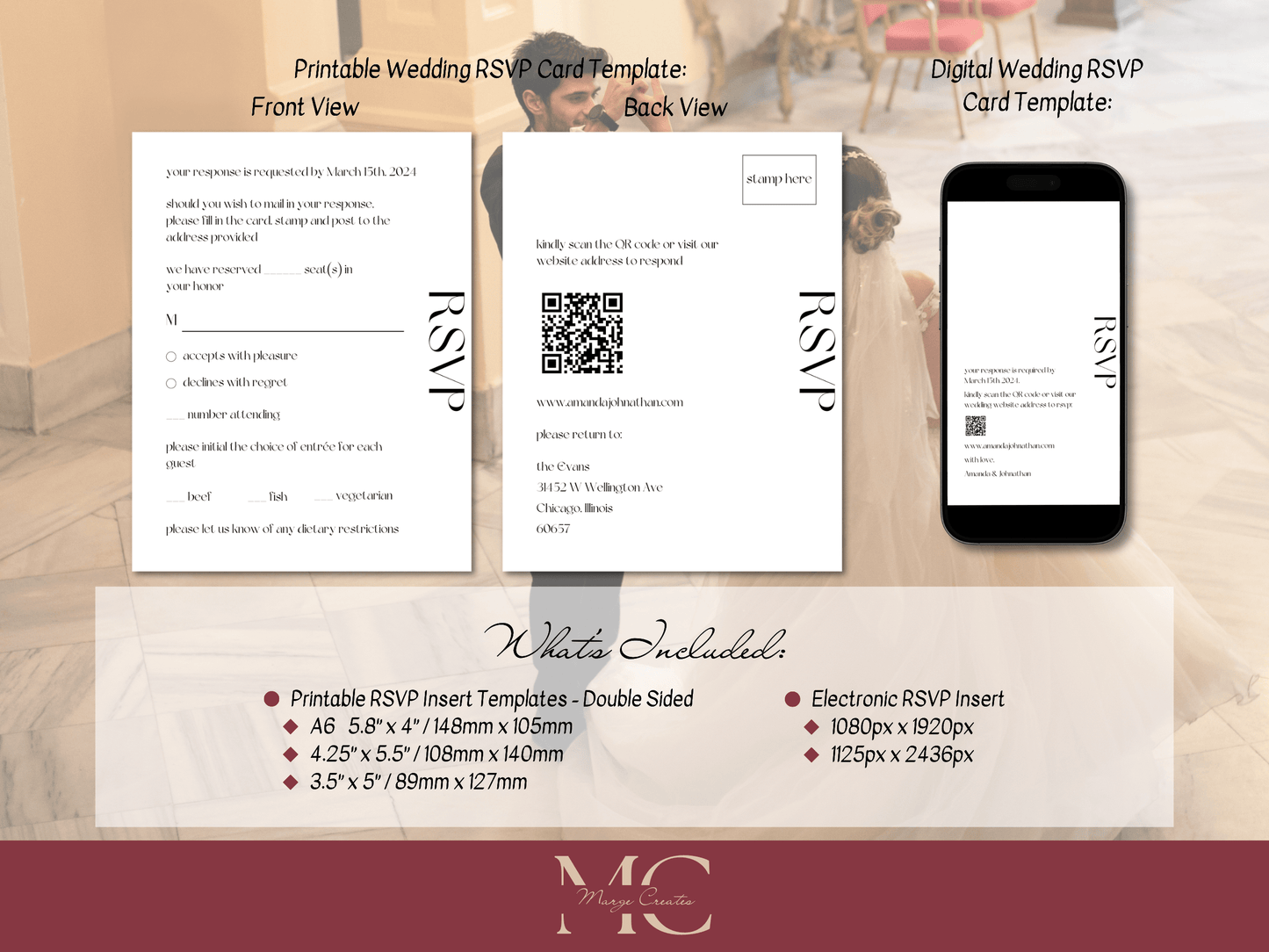 Modern Minimalist Wedding RSVP Insert Templates, Printable & Digital Templates