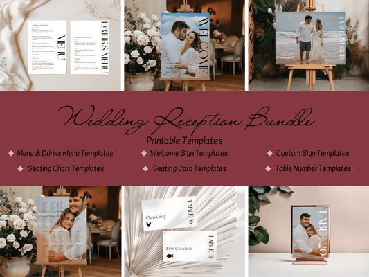 Modern Minimalist Photo 7Pc Wedding Reception Bundle with Seating Chart, Printable Templates