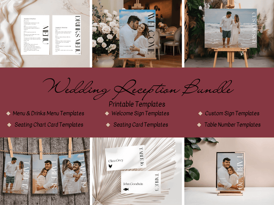 Modern Minimalist Photo 7Pc Wedding Reception Bundle with Seating Chart Card, Printable Templates