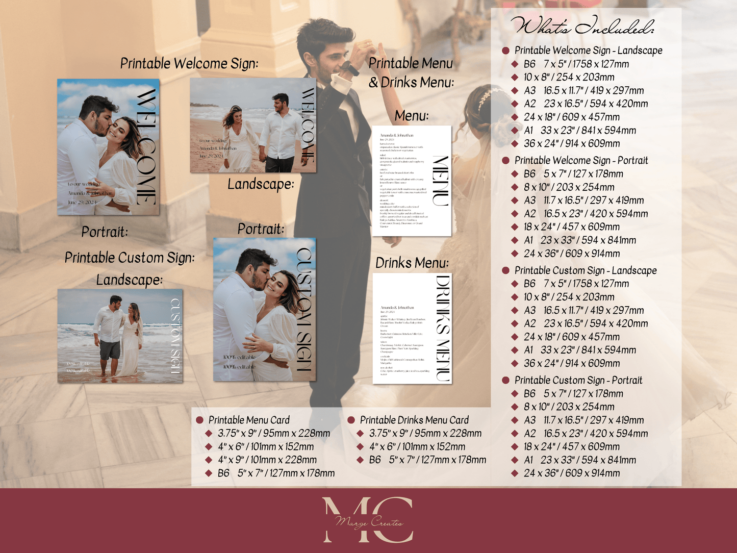 Modern Minimalist Photo 7Pc Wedding Reception Bundle with Alphabetical Seating Chart, Printable Templates