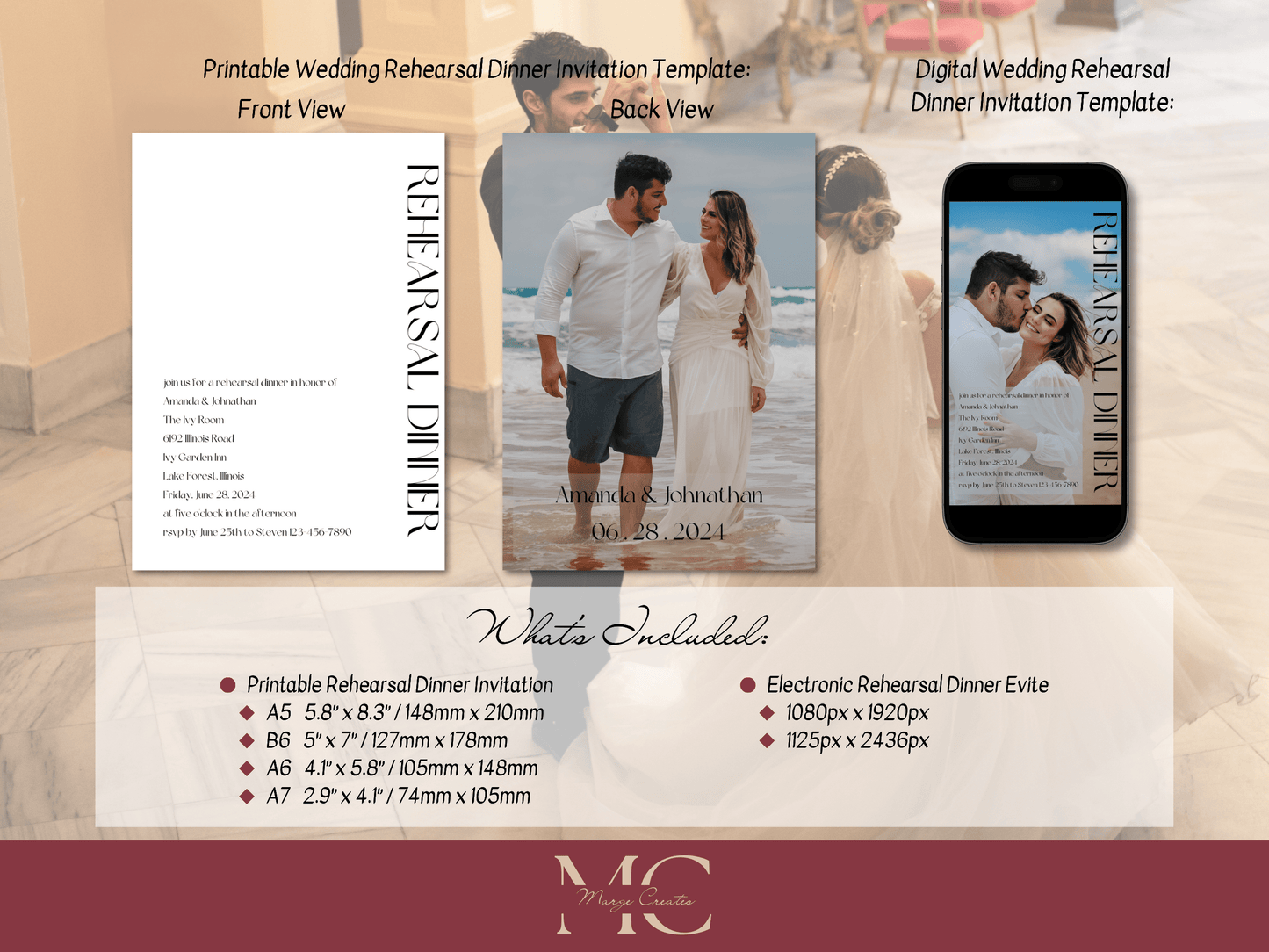 Modern Minimalist Photo Wedding Rehearsal Dinner Invitation Templates, Printable & Digital Templates