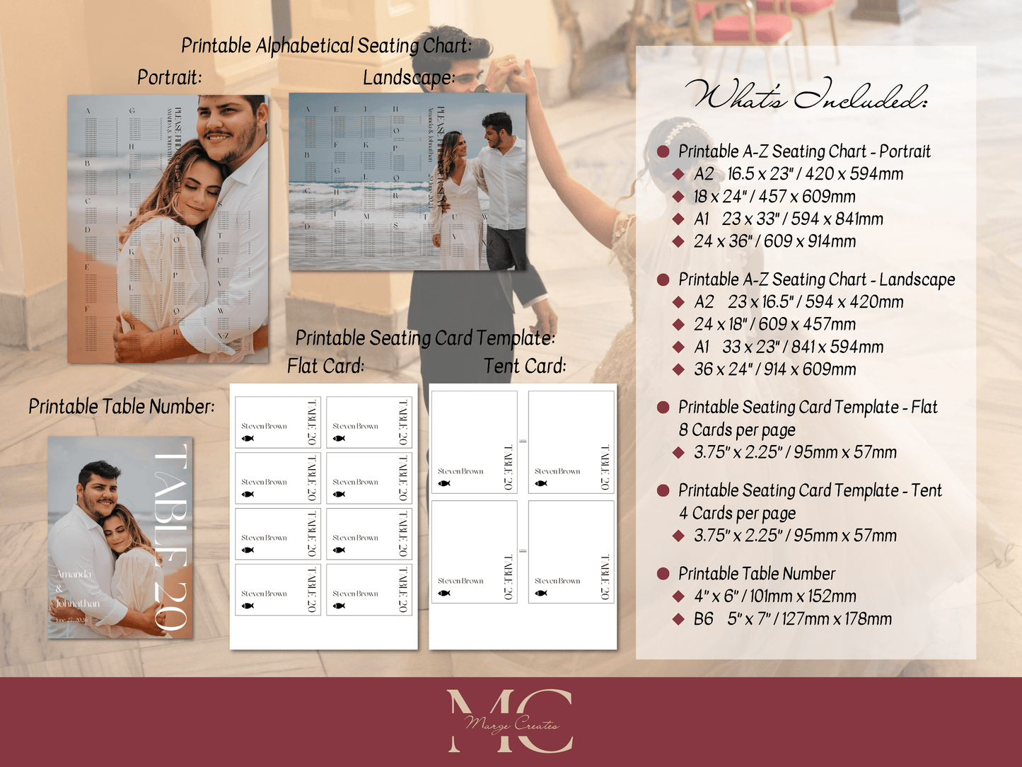 Modern Minimalist Photo 7Pc Wedding Reception Bundle with Alphabetical Seating Chart, Printable Templates