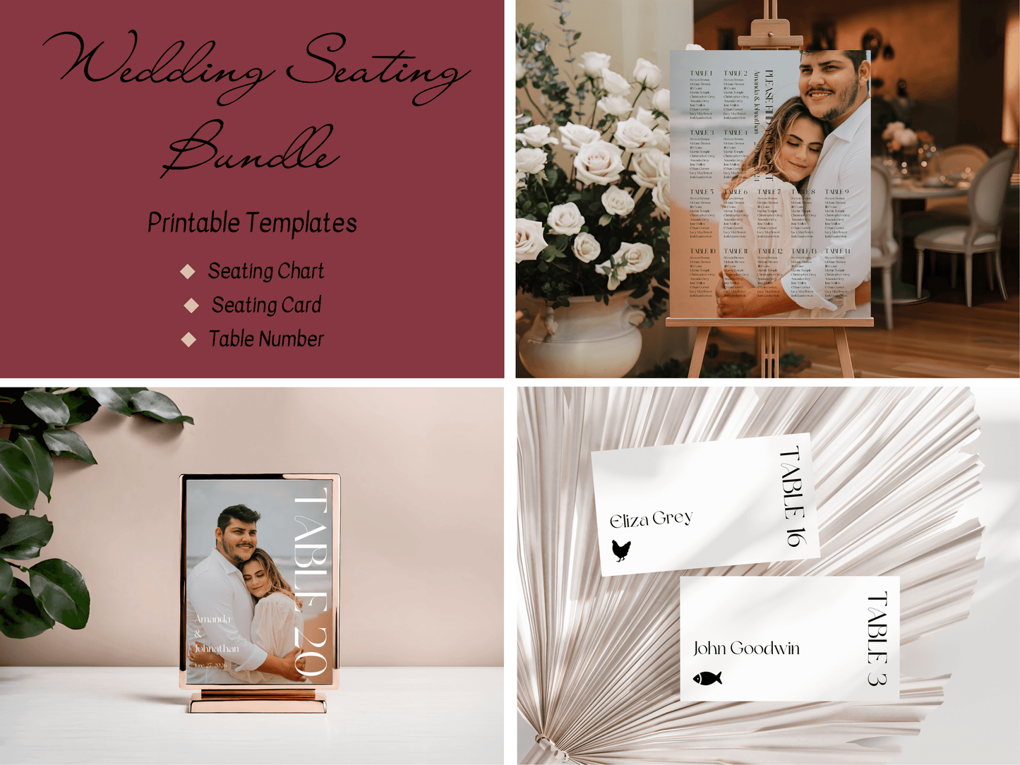 Modern Minimalist Photo Wedding Seating Template Bundle, Printable Templates