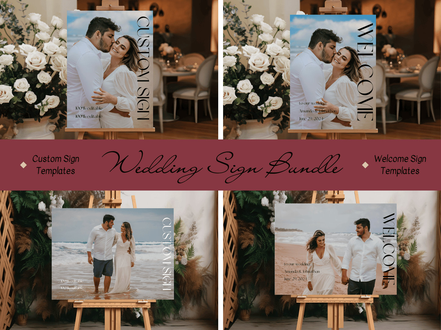 Modern Minimalist Photo Wedding Sign Template Bundle, Printable Templates