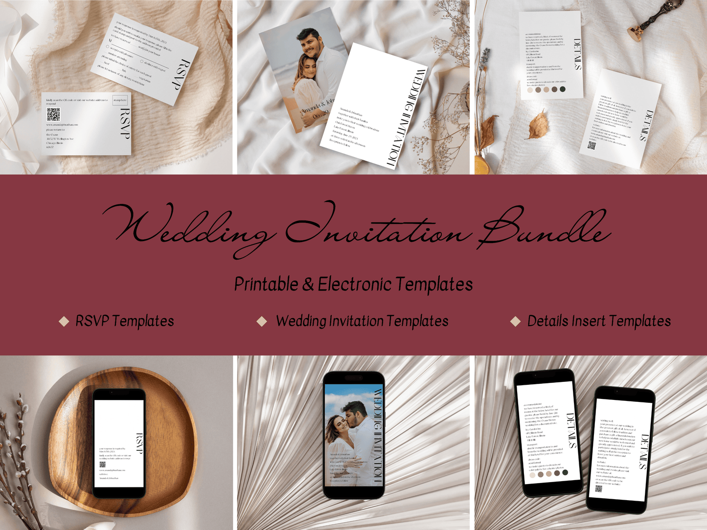 Modern Minimalist Photo Wedding Invitation & Insert Card Template Bundle, Printable & Digital Templates