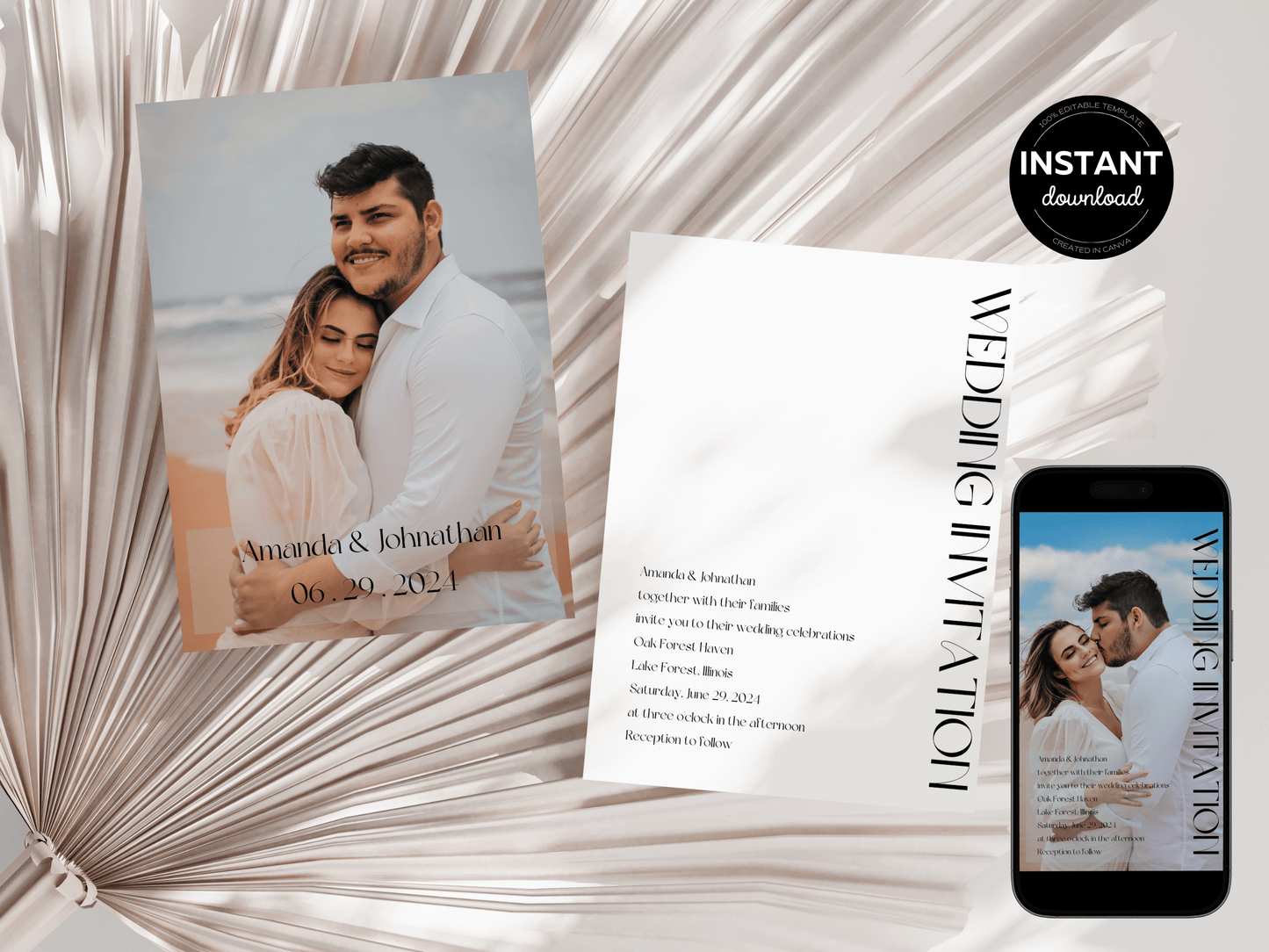 Modern Minimalist Photo Wedding Invitation & Insert Card Template Bundle, Printable & Digital Templates