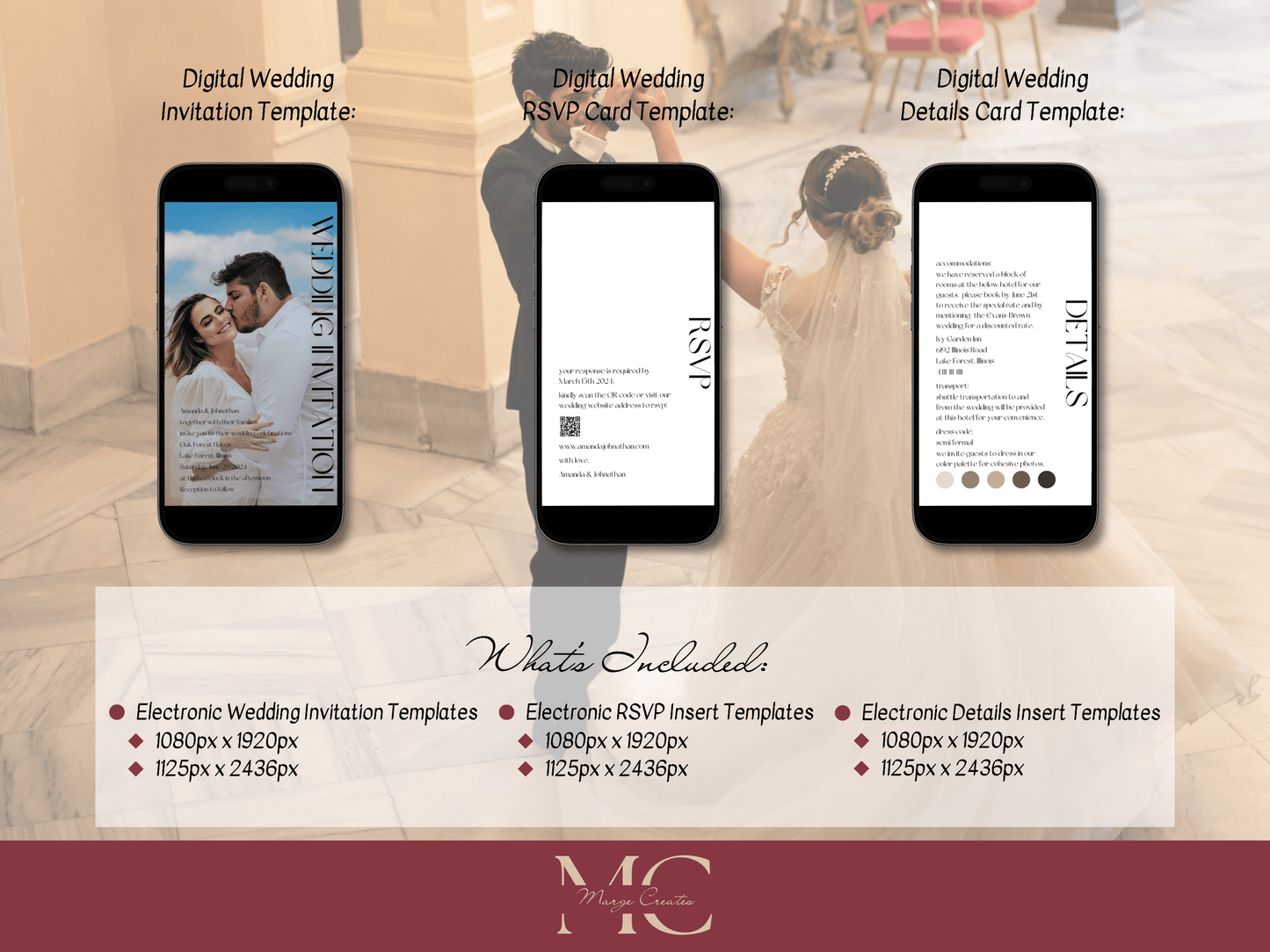 Modern Minimalist Photo Wedding Invitation & Insert Card Template Bundle, Printable & Digital Templates