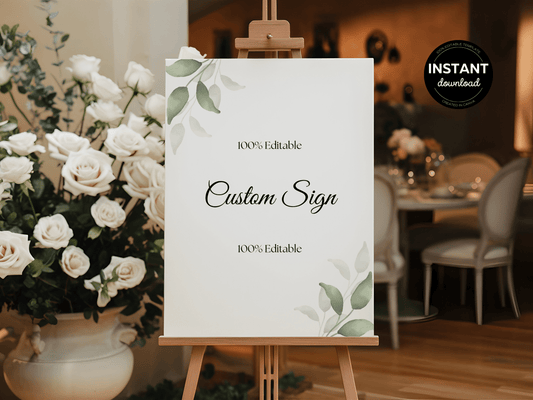 Watercolor Greenery Leaves Wedding Custom Sign Templates, Printable Templates