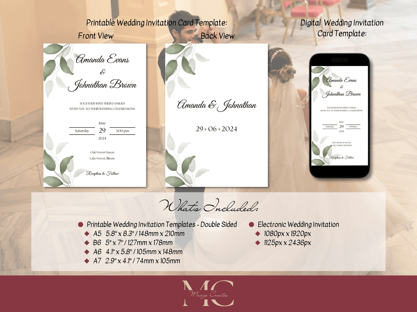 Watercolor Greenery Leaves Wedding Invitation Templates, Printable & Digital Templates