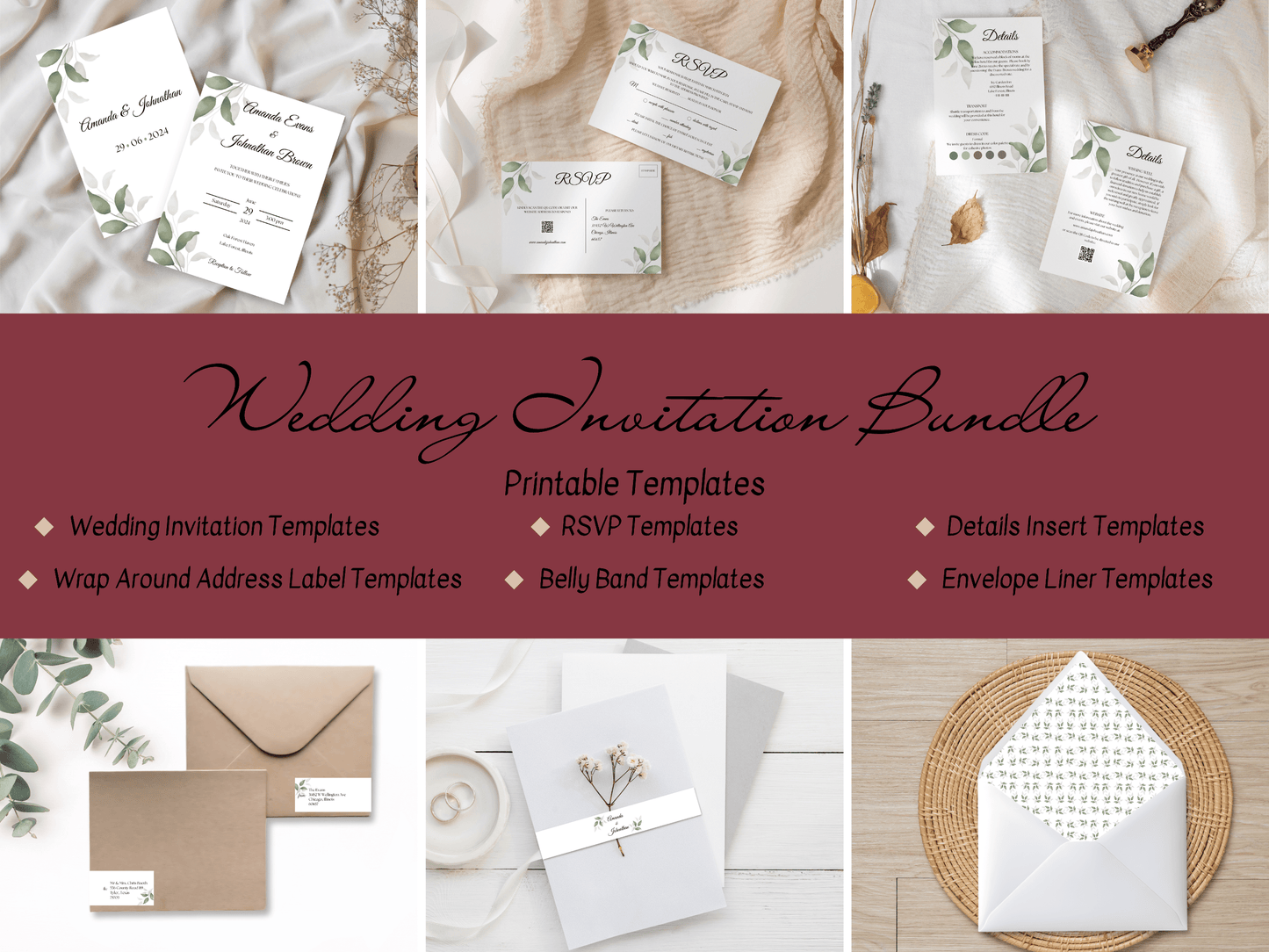 Watercolor Greenery Leaves Wedding Invitation Suite with Envelope Decoration Templates, Envelope Design 3 (WA), Printable Templates