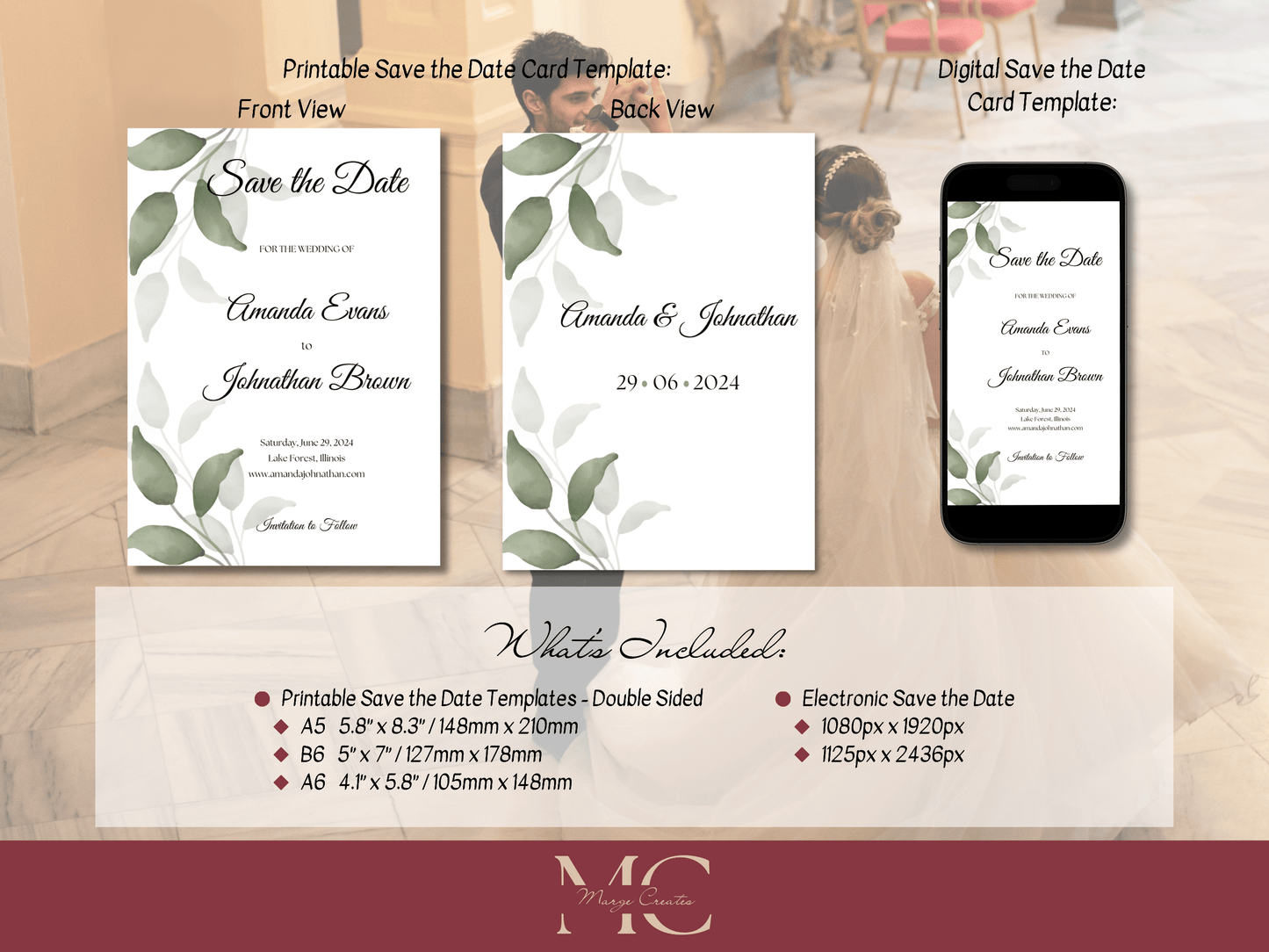 Watercolor Greenery Leaves Save the Date Templates, Printable & Digital Templates