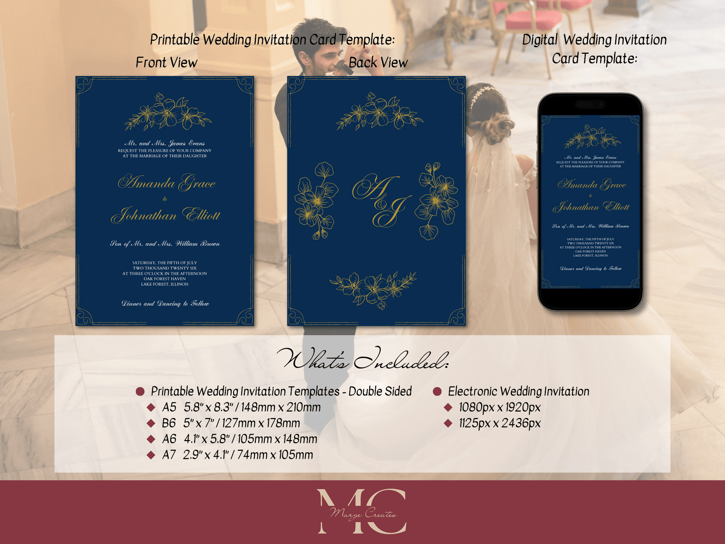 Elegant Blue and Gold Wedding Invitation Template, Printable & Digital Templates