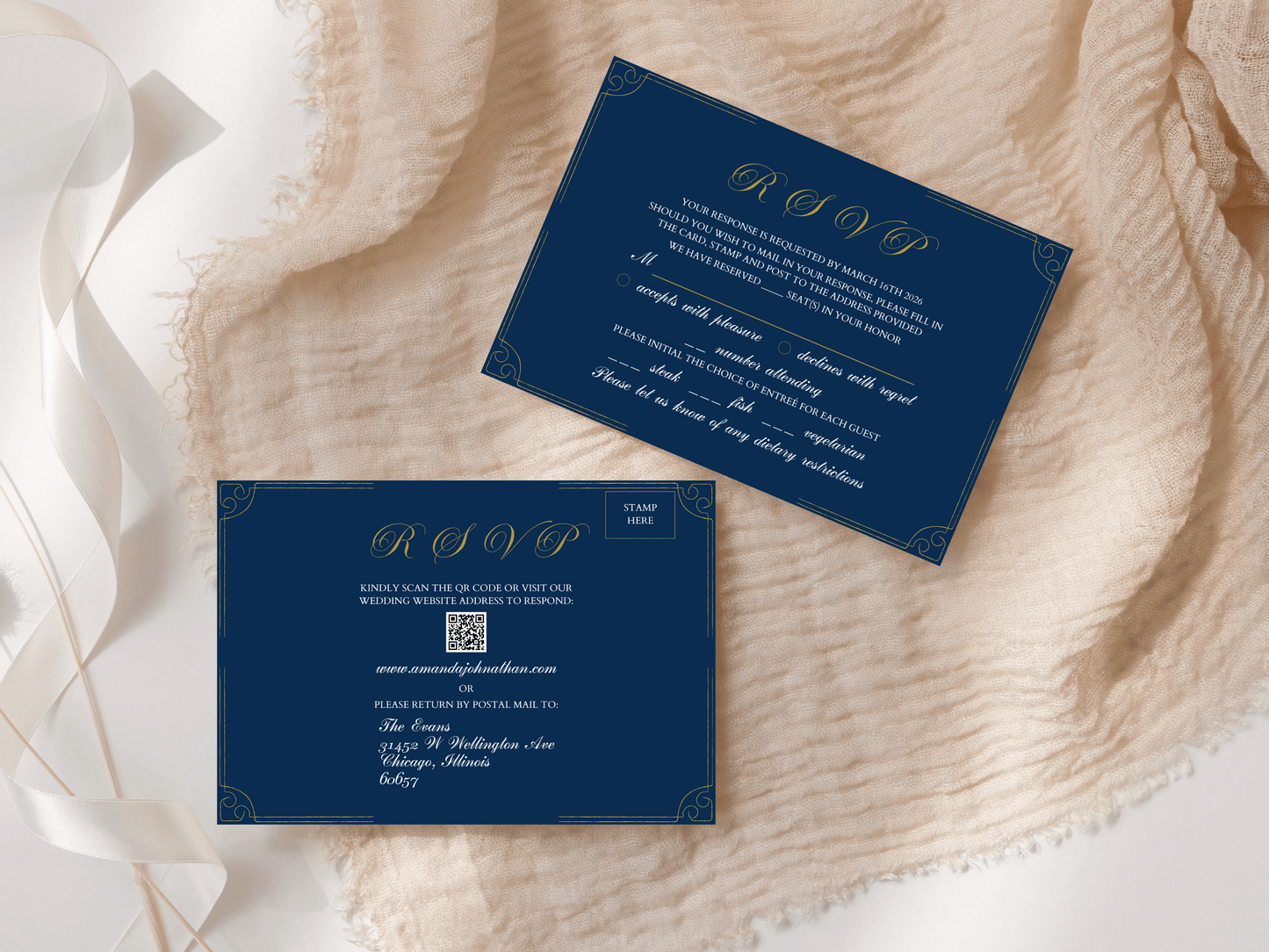 Elegant Blue and Gold Wedding RSVP Insert Template, Printable & Digital Templates