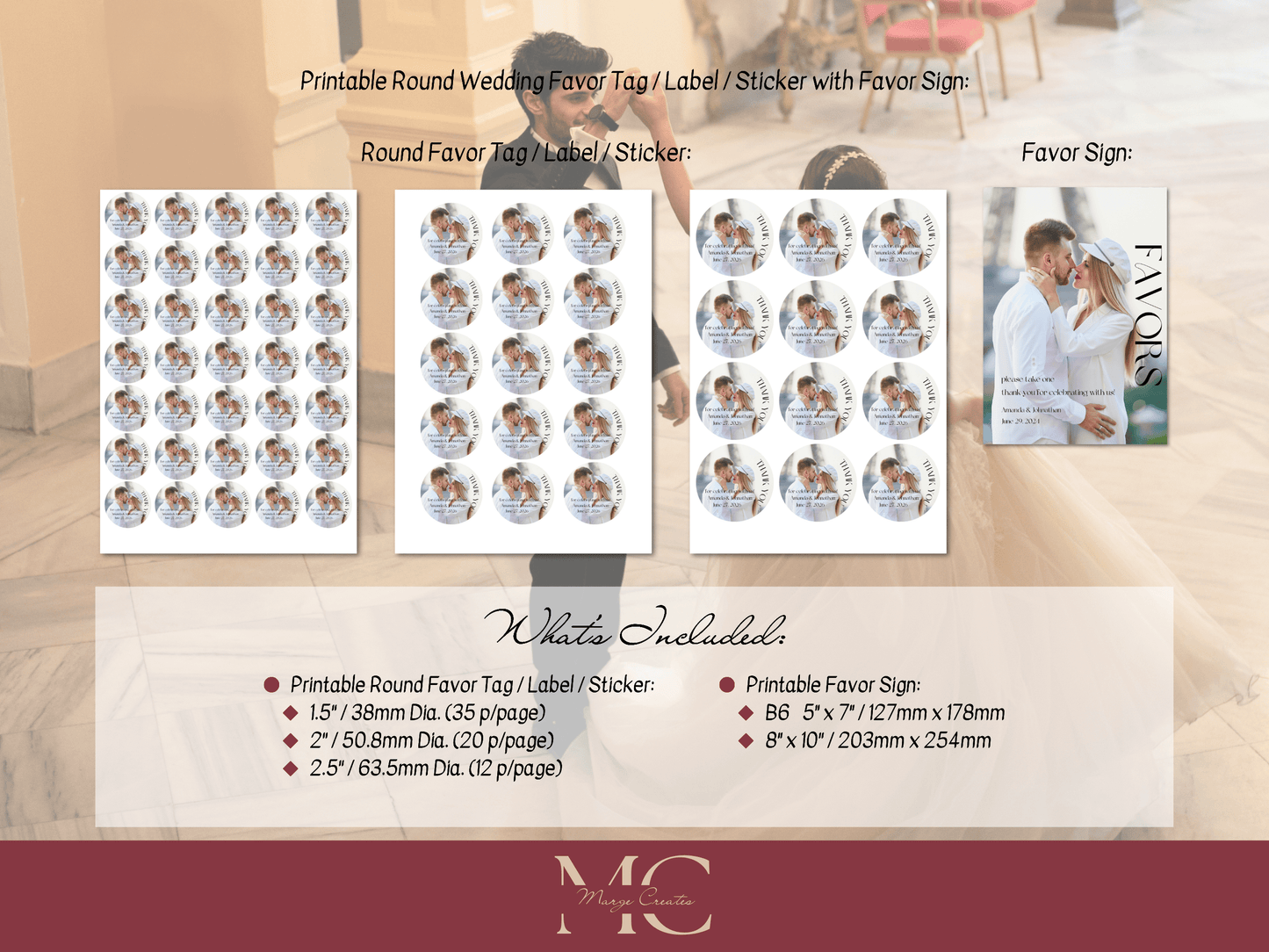 Modern Minimalist Photo Round Wedding Favor Tags / Sticker / Label, Printable Templates