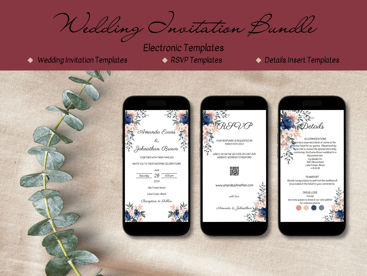 Pink & Blue Floral Wedding Evite Template Bundle, Digital Templates