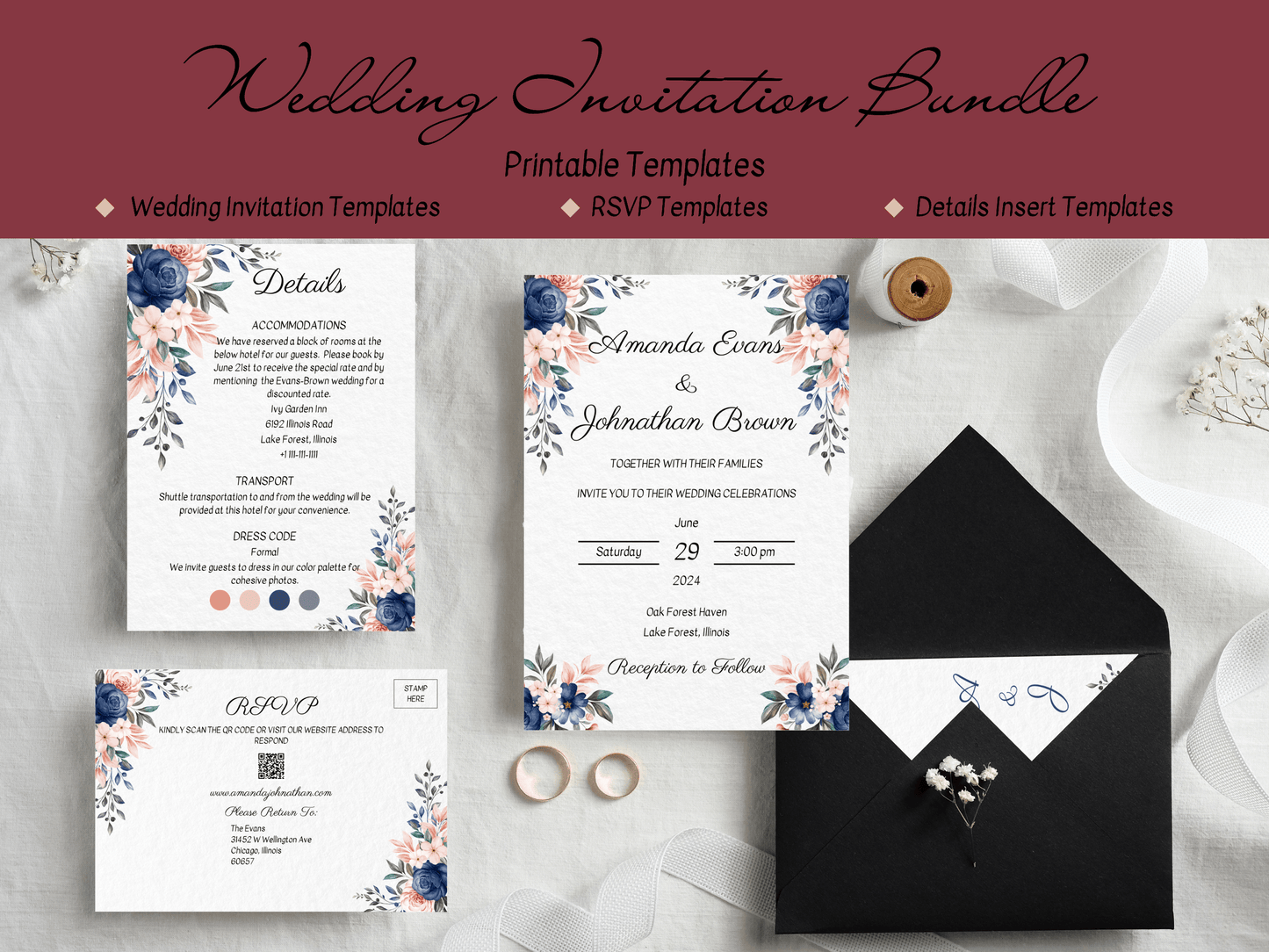 Pink & Blue Floral Wedding Invitation & Insert Card Templates Bundle, Printable Templates