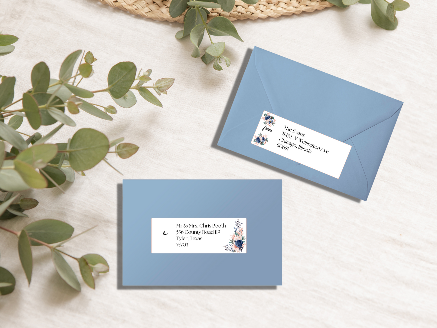 Pink & Blue Floral Wedding Envelope Address Label Templates, Printable Templates