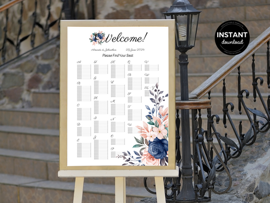 Pink & Blue Floral Wedding Alphabetical Seating Chart Templates, Printable Templates
