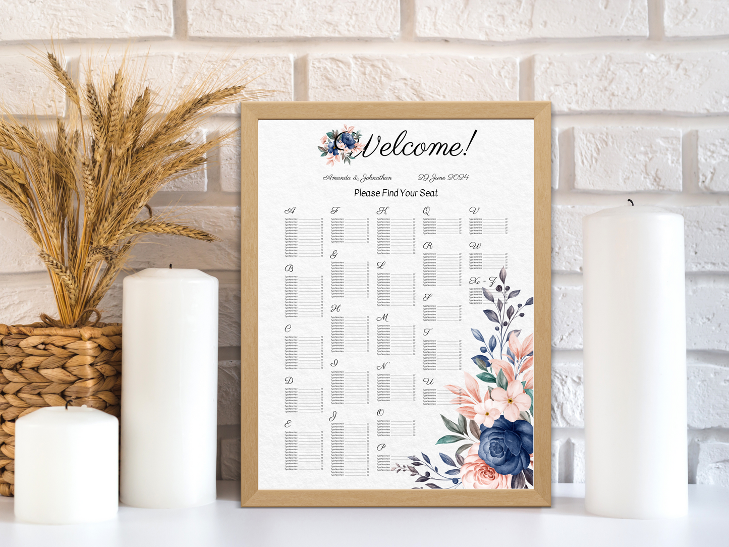 Pink & Blue Floral Wedding Alphabetical Seating Chart Templates, Printable Templates