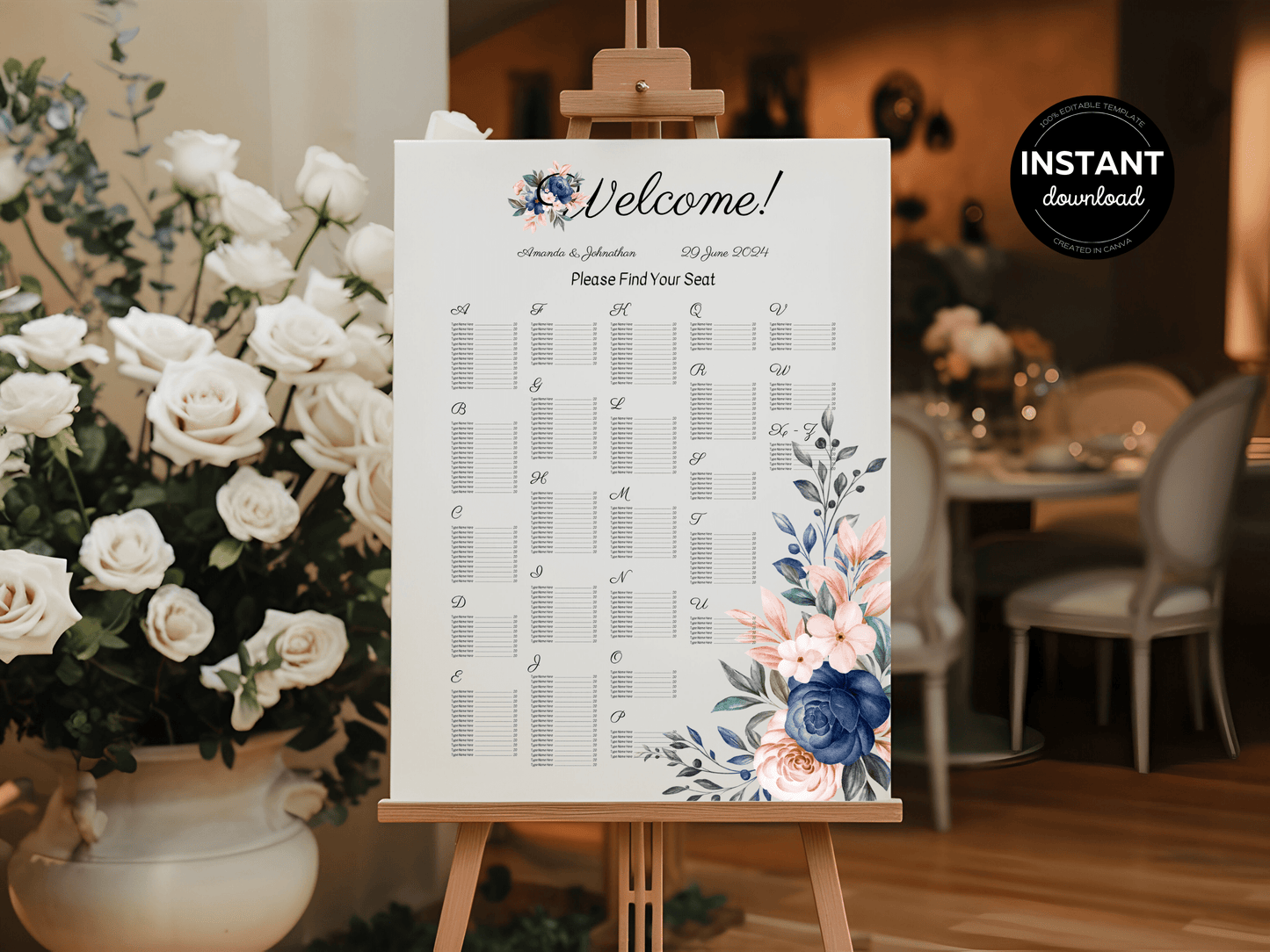 Pink & Blue Floral Wedding Alphabetical Seating Chart Templates, Printable Templates