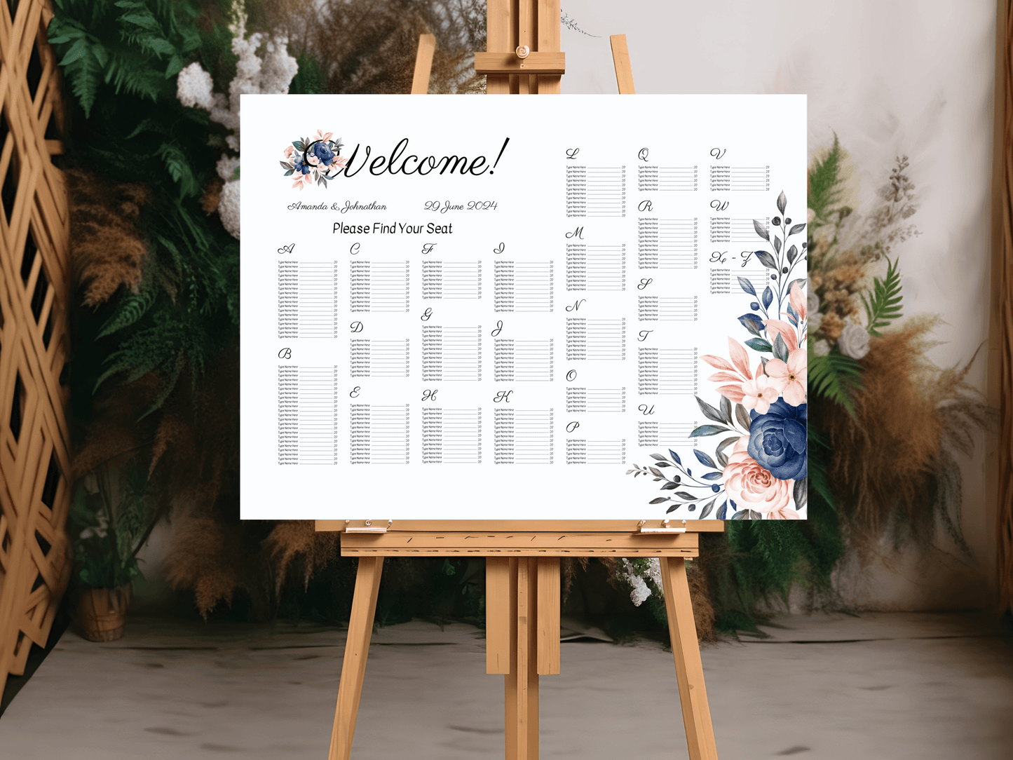 Pink & Blue Floral Wedding Alphabetical Seating Chart Templates, Printable Templates