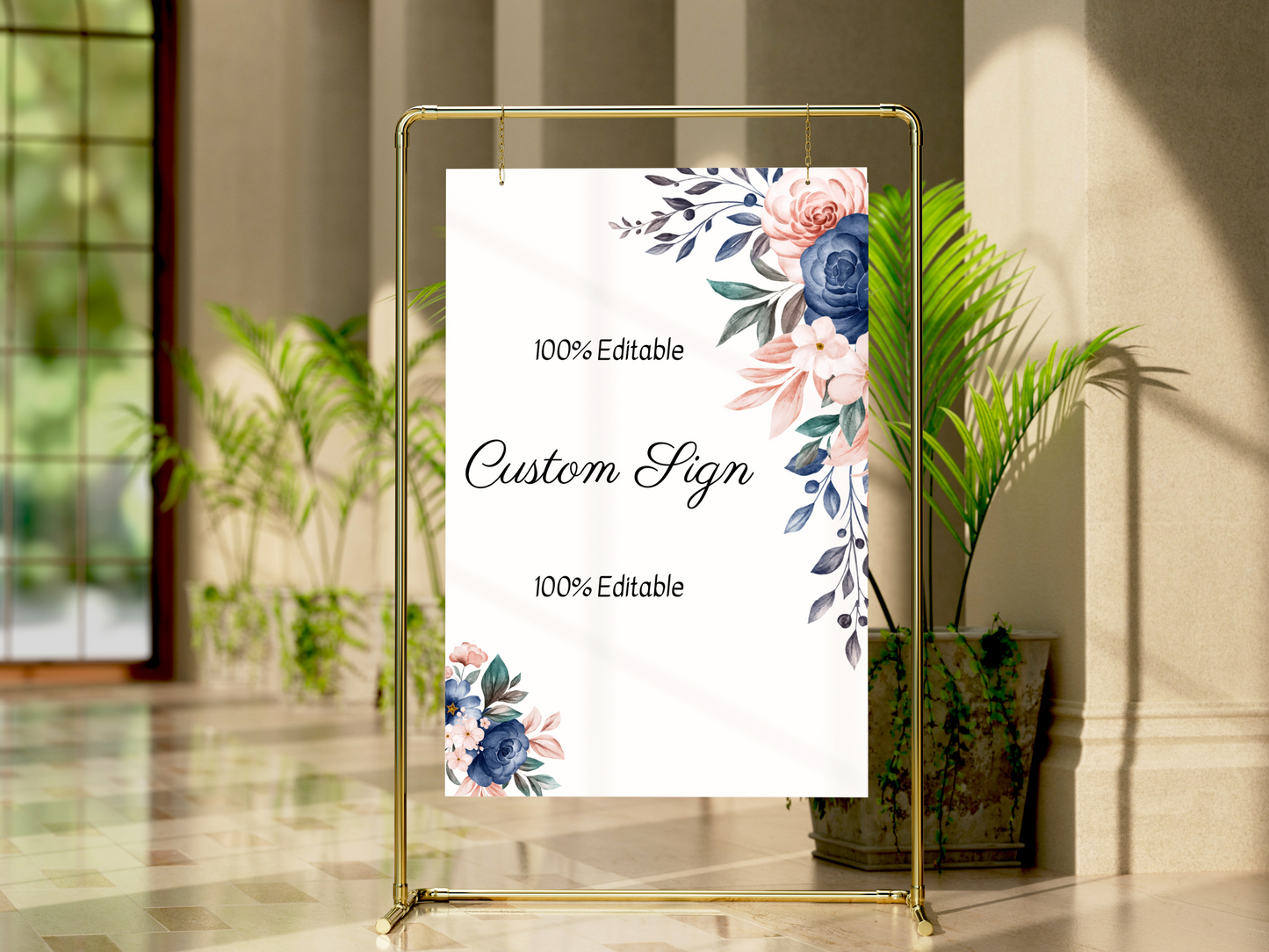 Pink & Blue Floral Wedding Custom Sign Templates, Printable Templates