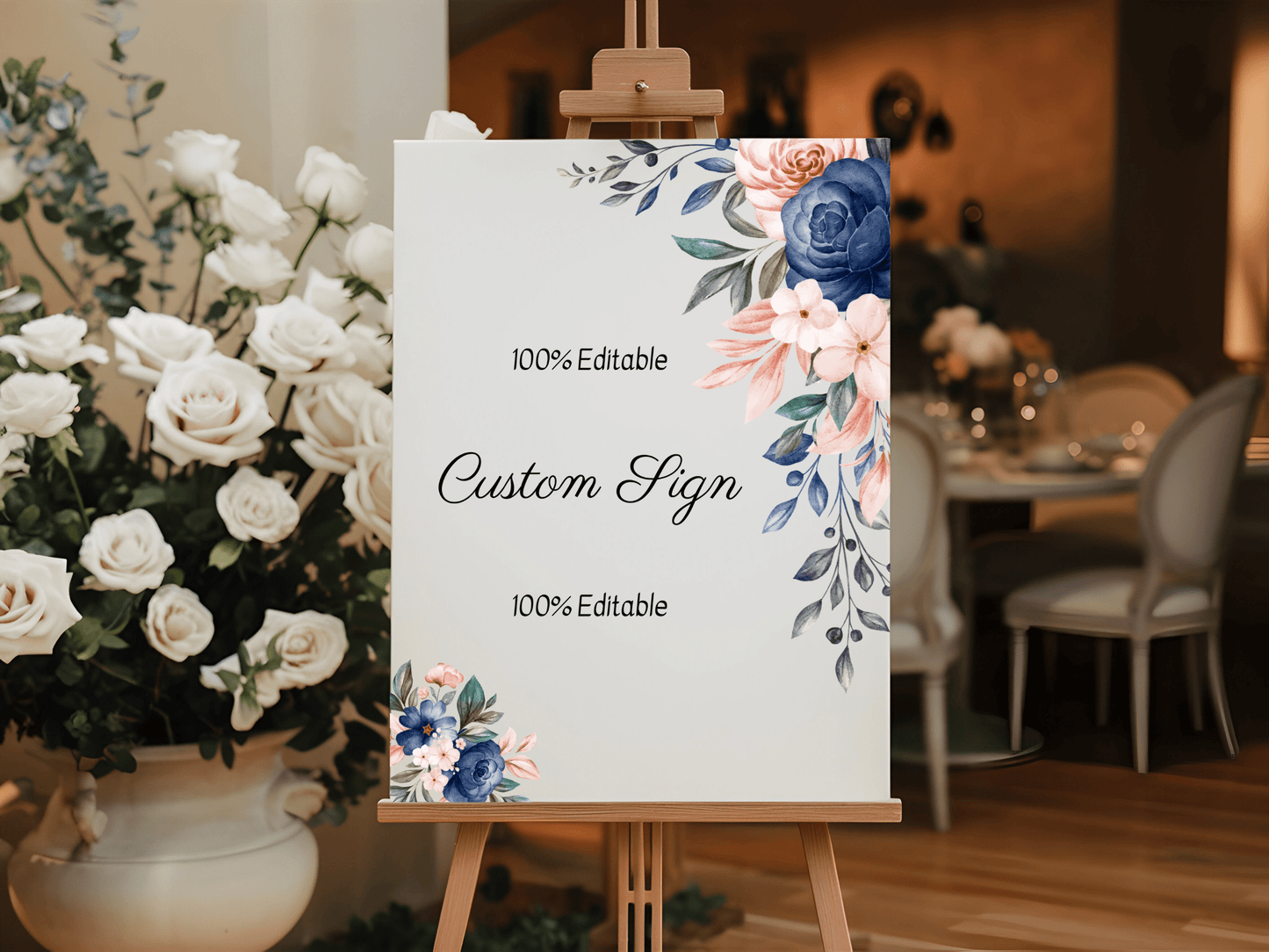 Pink & Blue Floral Wedding Sign Template Bundle, Printable Templates