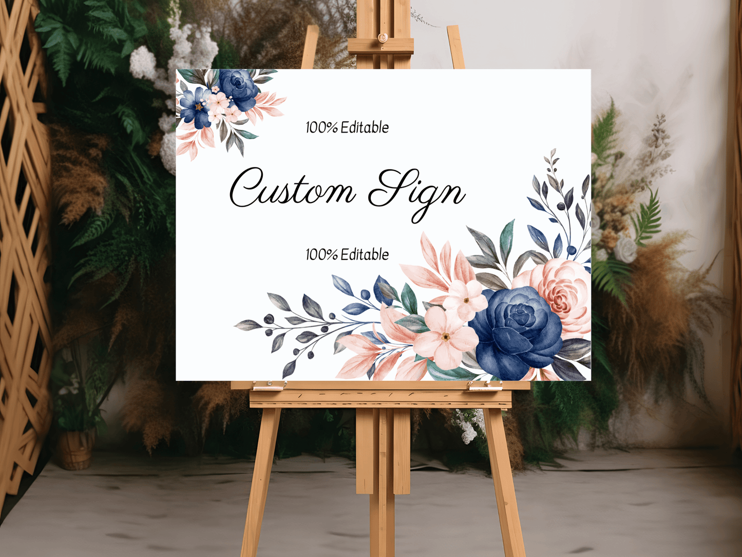 Pink & Blue Floral Wedding Custom Sign Templates, Printable Templates