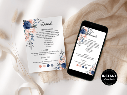 Pink & Blue Floral Wedding Details Insert Templates, Printable & Digital Templates