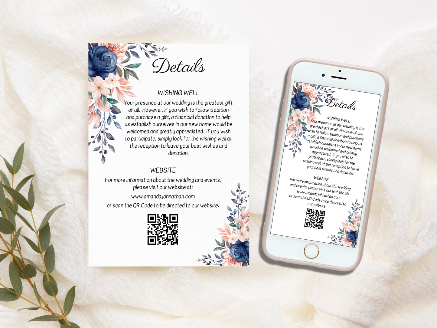 Pink & Blue Floral Wedding Details Insert Templates, Printable & Digital Templates