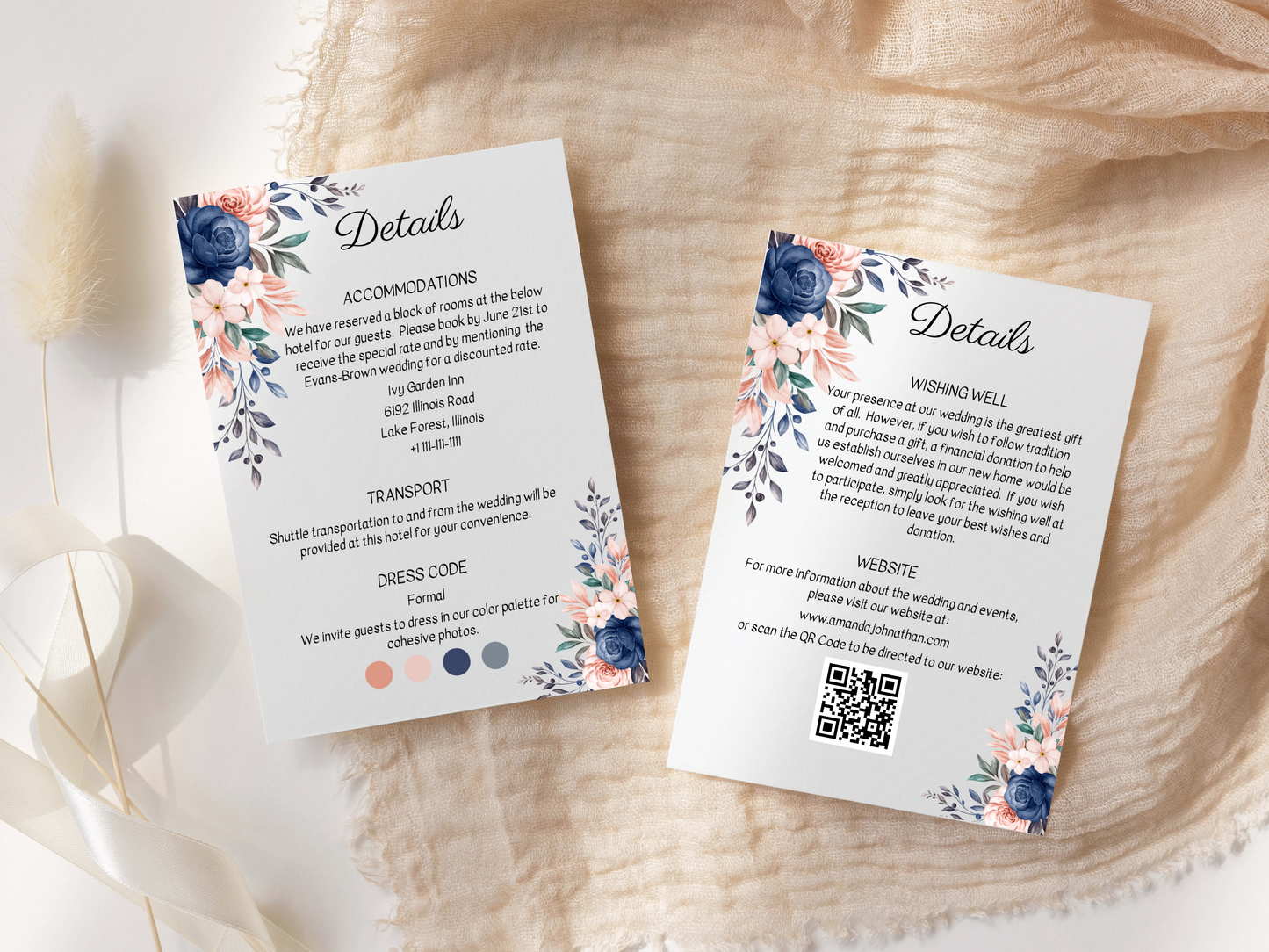 Pink & Blue Floral Wedding Details Insert Templates, Printable & Digital Templates