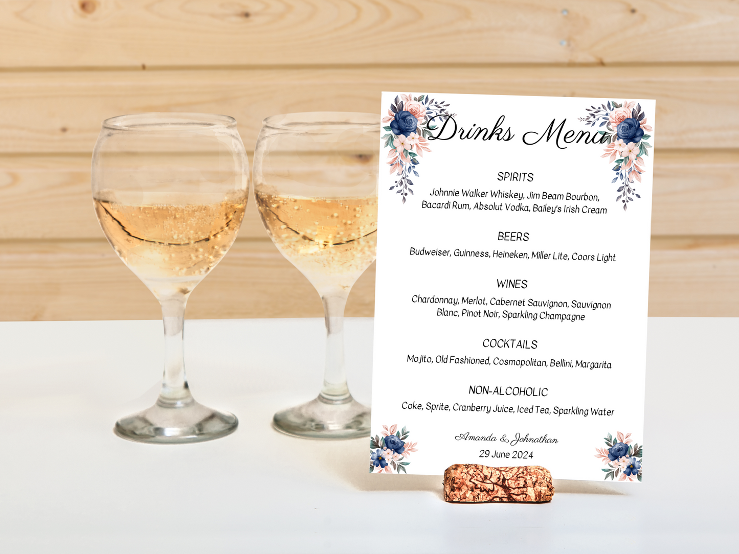 Pink & Blue Floral Wedding Menu & Drinks Menu Templates, Printable Templates