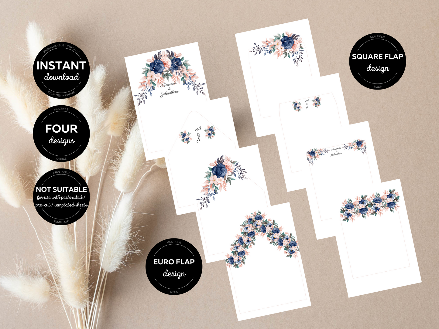 Pink & Blue Floral Wedding Envelope Decoration Template Bundle, Printable Templates
