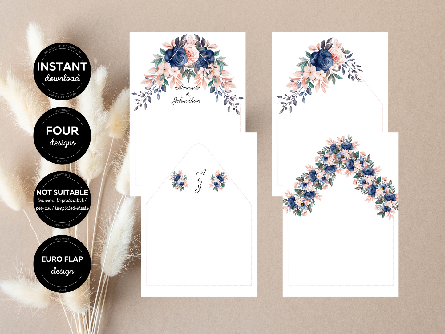 Pink & Blue Floral Wedding Envelope Liners Templates, Printable Templates