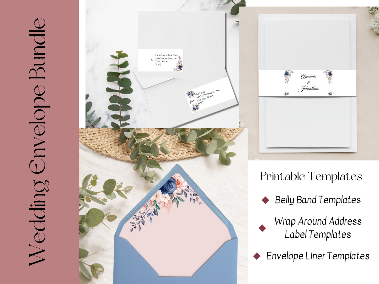 Pink & Blue Floral Wedding Envelope Decoration Template Bundle, Printable Templates
