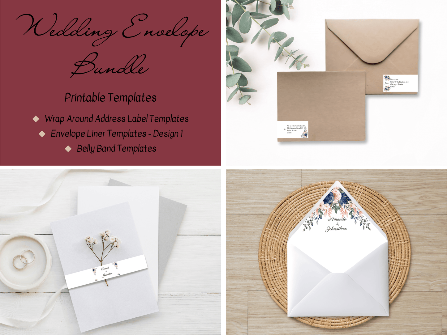 Pink & Blue Floral Wedding Envelope Decoration Template Bundle, Envelope Design 1 (WA), Printable Templates