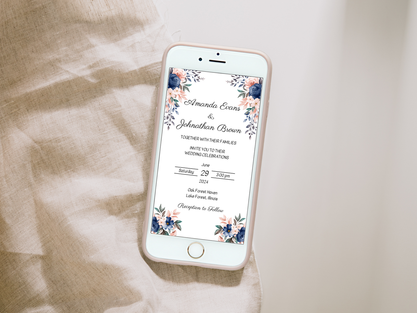 Pink & Blue Floral Wedding Evite Template Bundle, Digital Templates