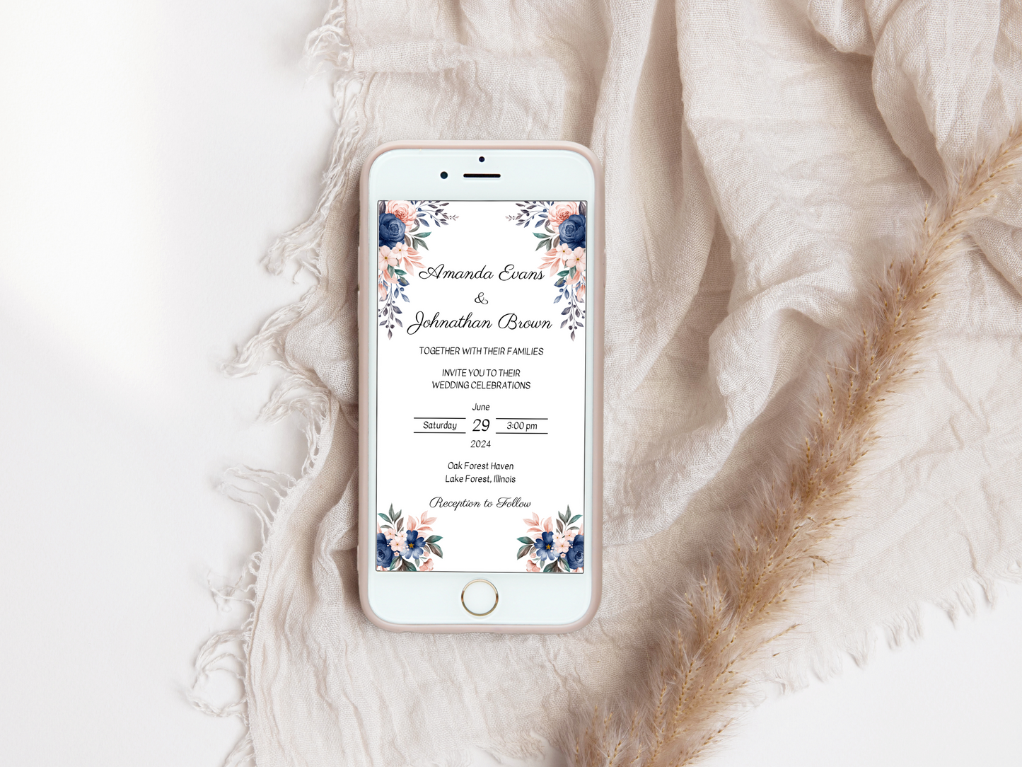 Pink & Blue Floral Wedding Invitation Templates, Printable & Digital Templates